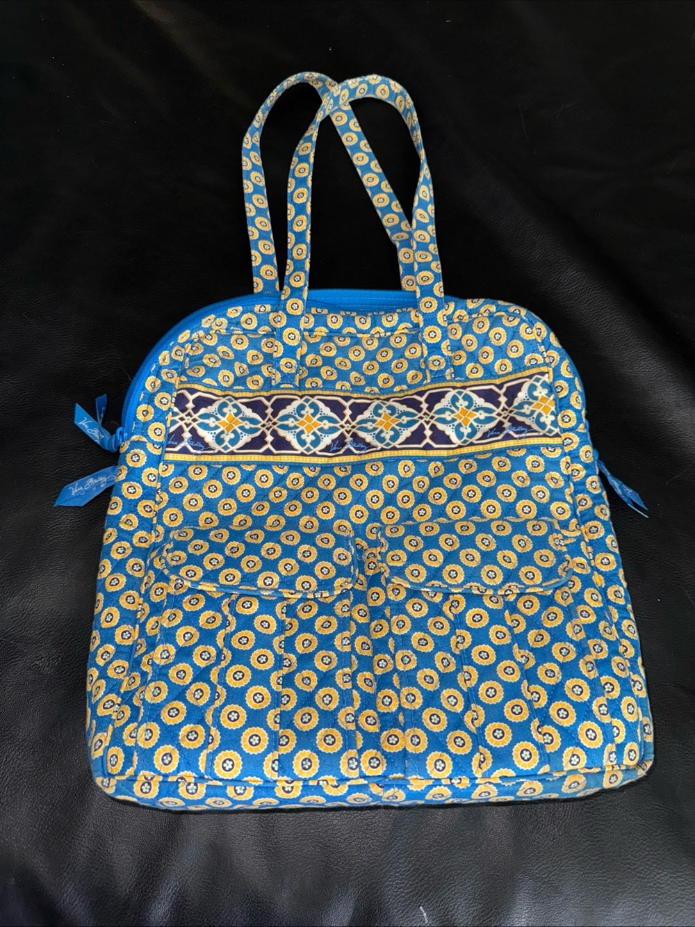 Vera Bradley Riviera Blue Tall Zip Tote Computer Book Bag Purse RARE & RETIRED